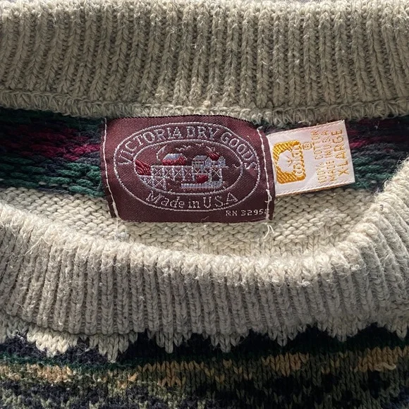 Vintage Victoria Dry Goods XL Multicolor 100% Cotton Knit Sweater Made In USA